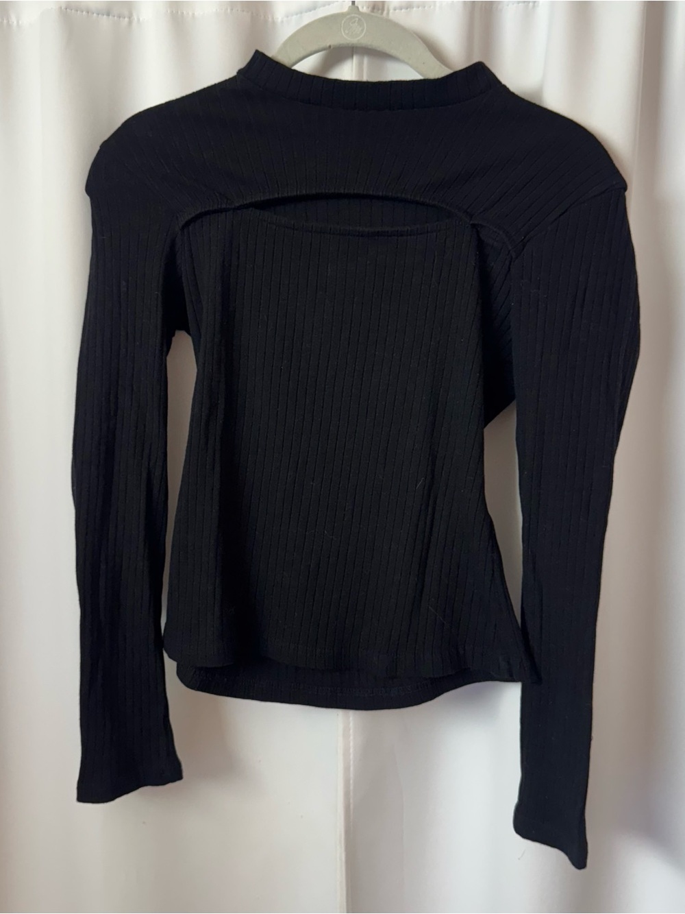 Black Cotton Ribbed Long-Sleeve Cutout Top